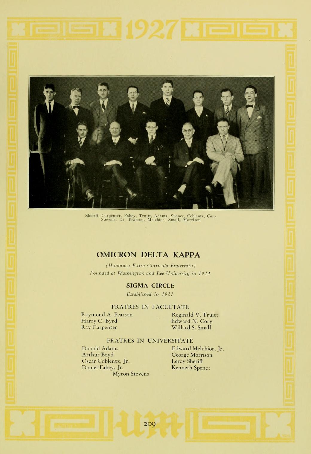 Page from the 1927 Yearbook at UMD showcasing the first image of ODK members