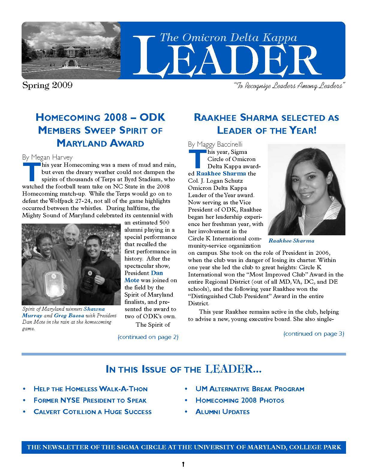 Front cover of Spring 2009 Newsletter