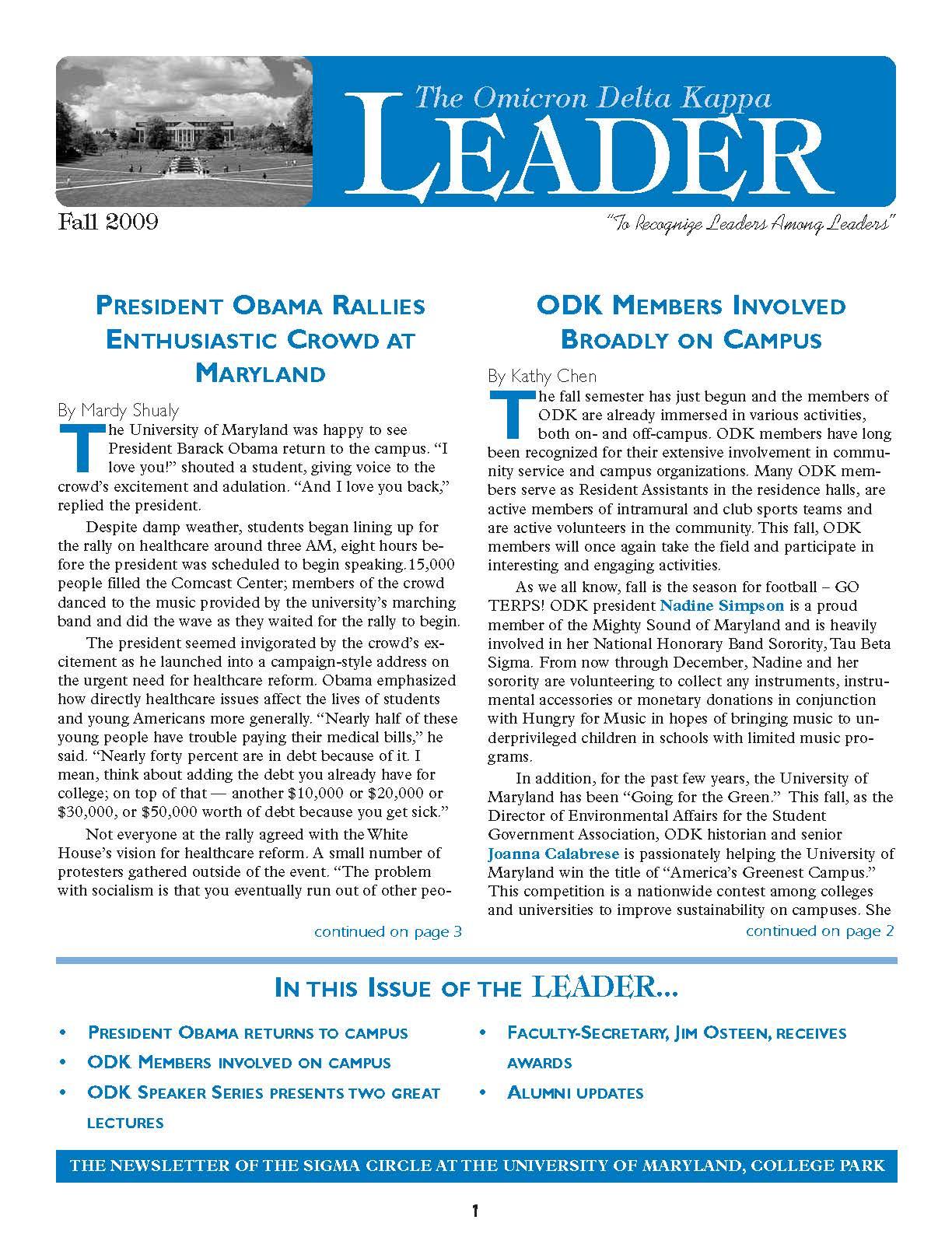 Front cover of Fall 2009 Newsletter
