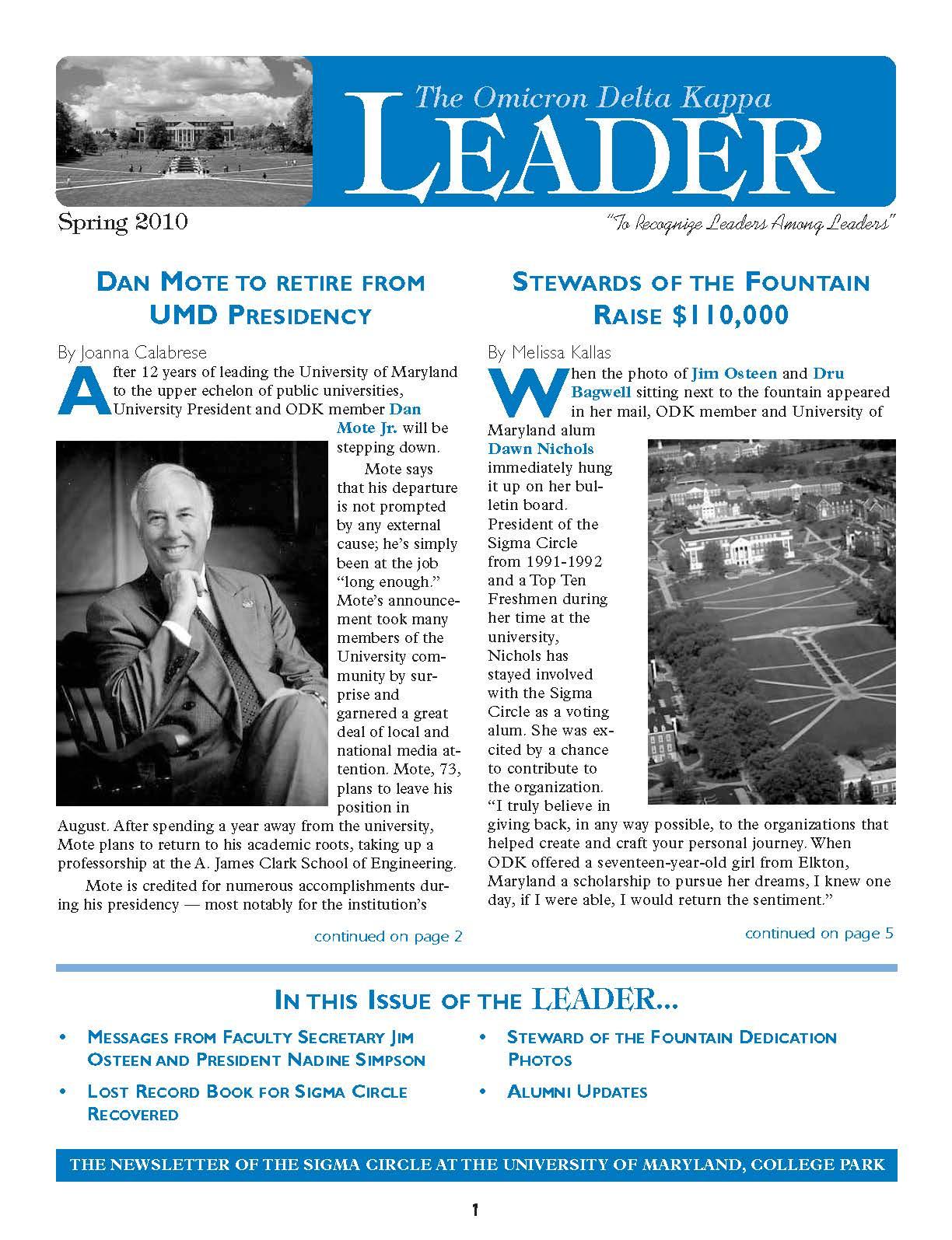 Front cover of Spring 2010 Newsletter