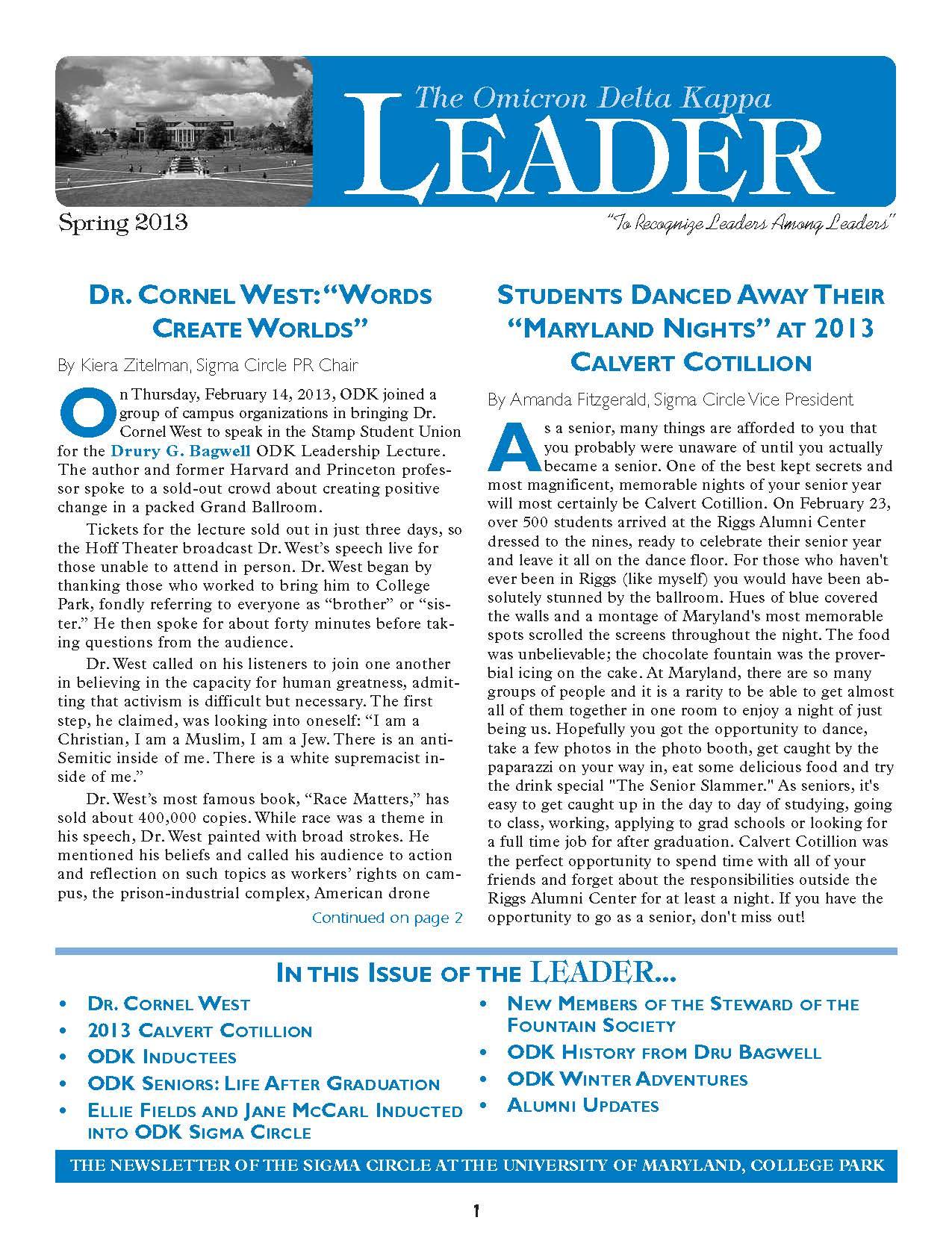 Front cover of Spring 2013 Newsletter