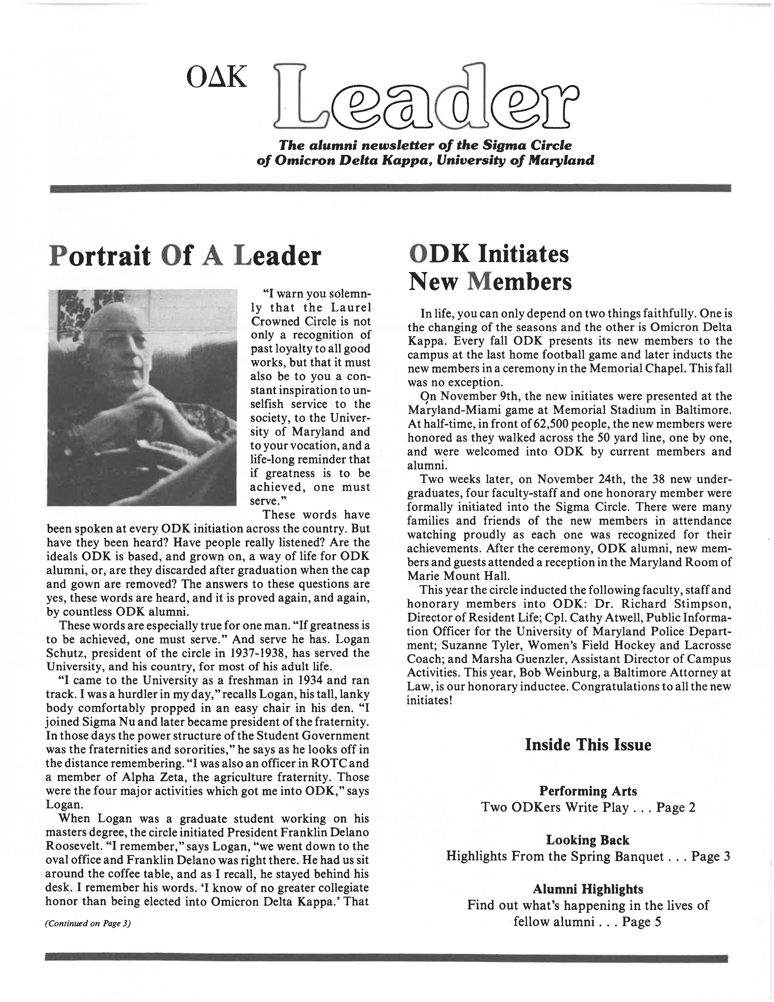 Front cover of Fall 1985 Newsletter