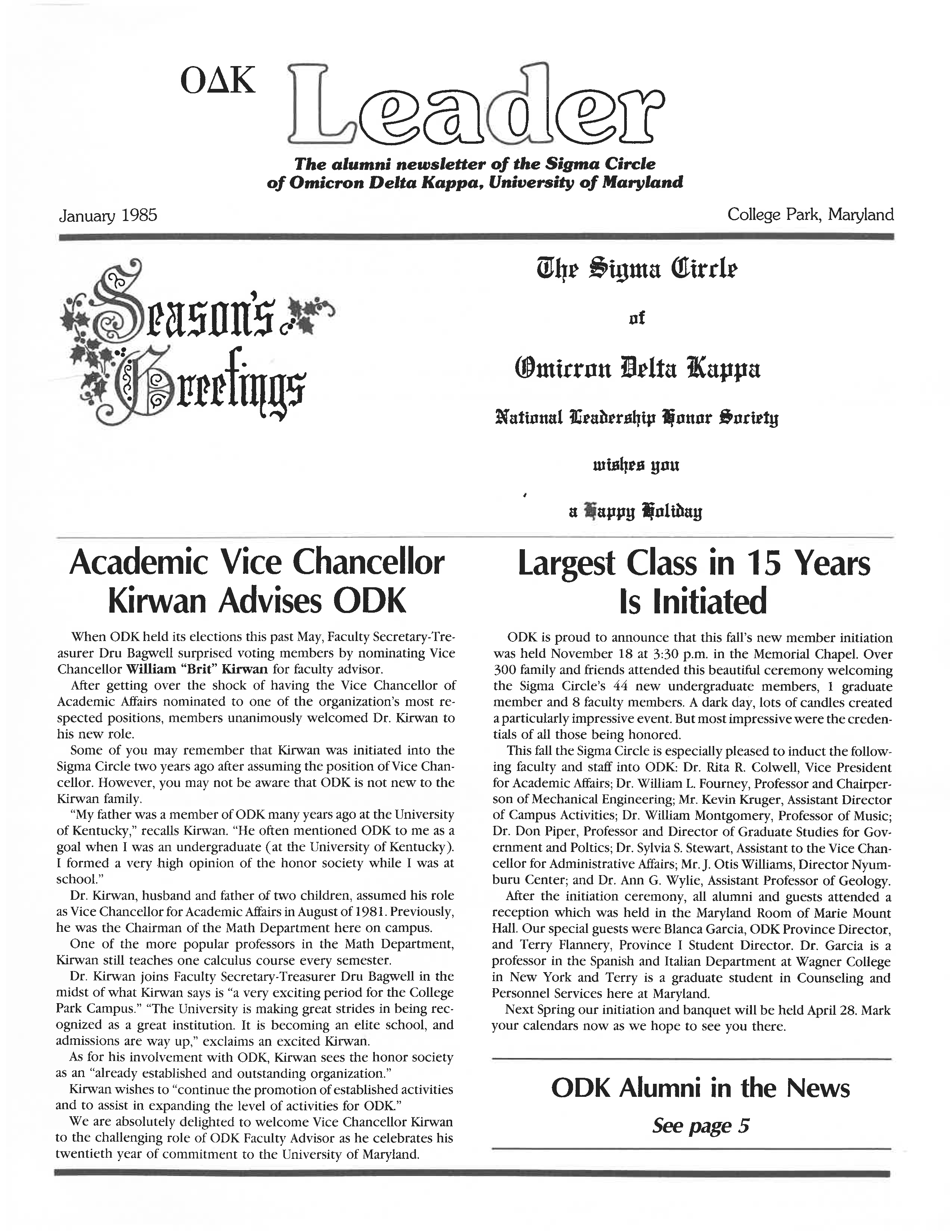 Front cover of Winter 1985 Newsletter