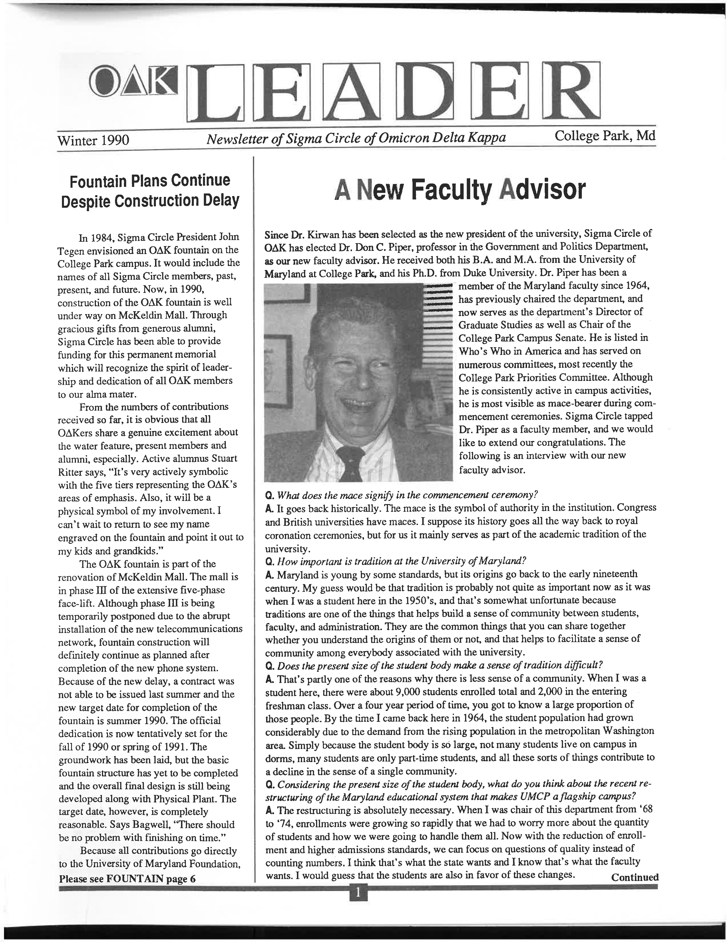 Front cover of Winter 1990 Newsletter