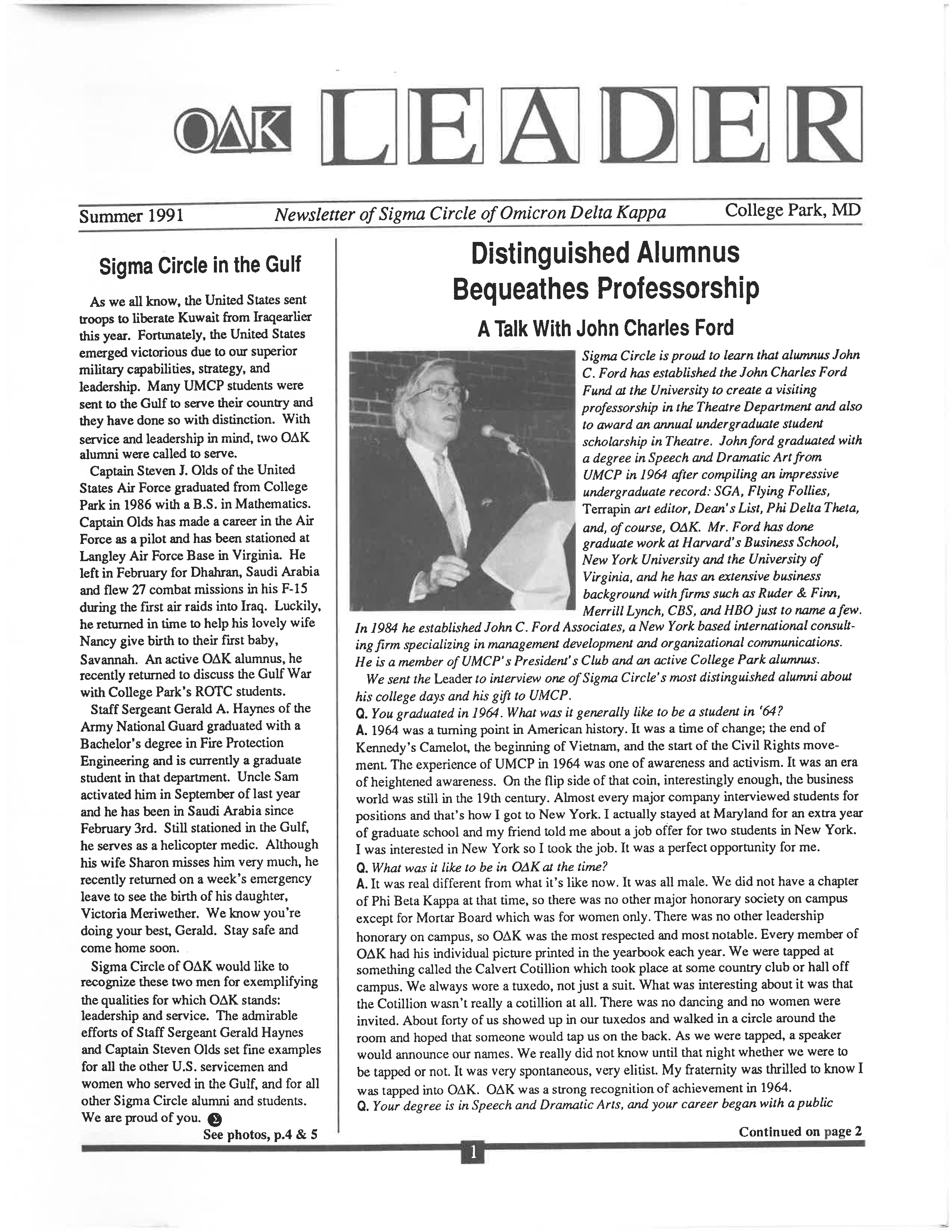 Front cover of Summer 1991 Newsletter