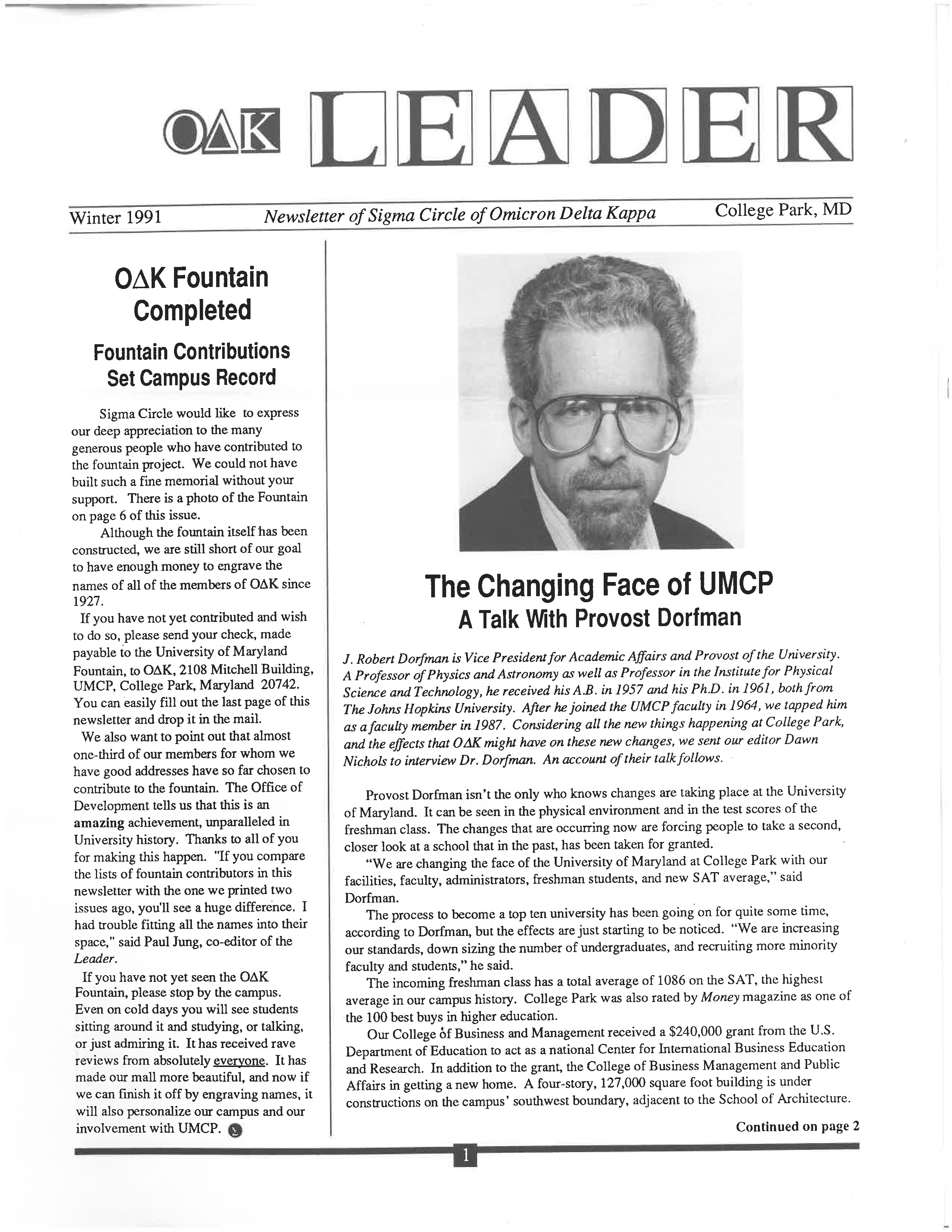 Front cover of Winter 1991 Newsletter