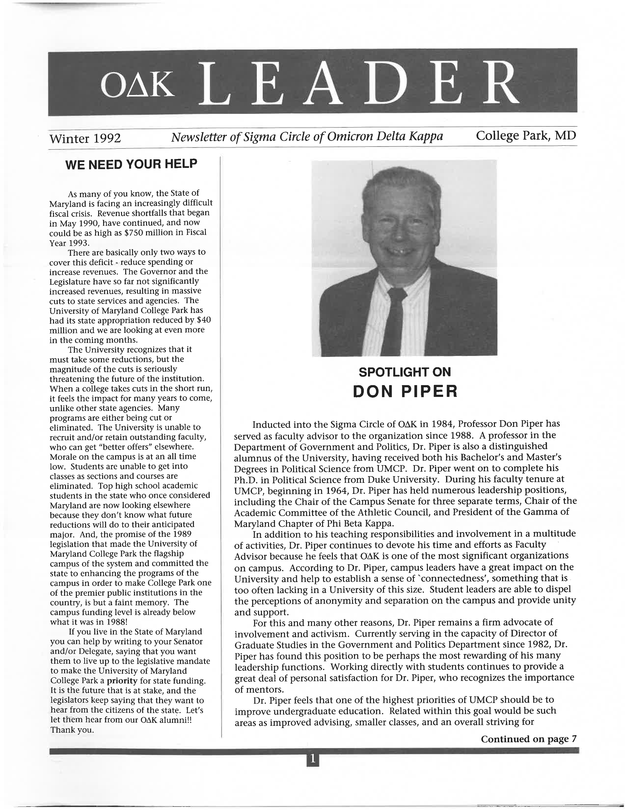 Front cover of Winter 1992 Newsletter