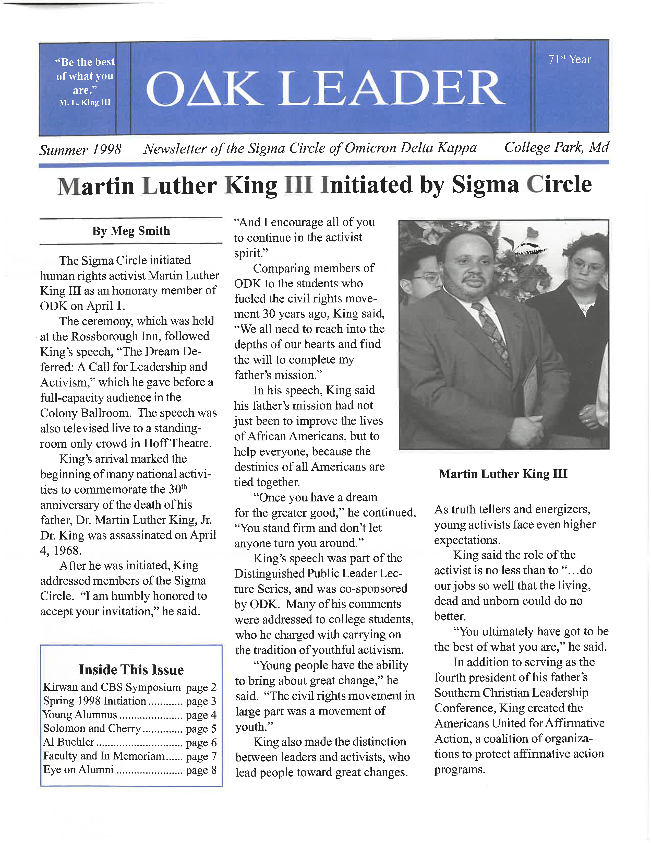 Front cover of Summer 1998 Newsletter