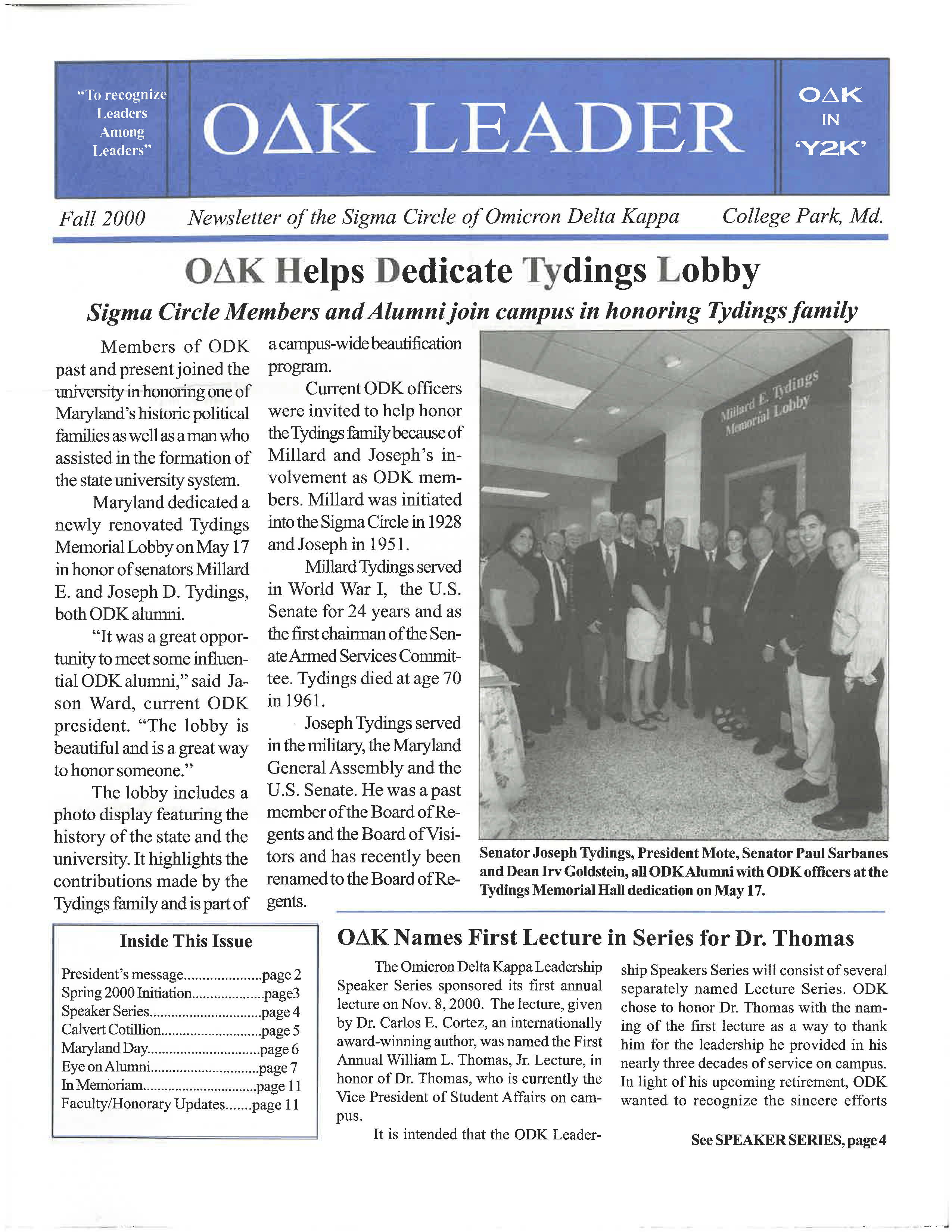 Front cover of Fall 2000 Newsletter